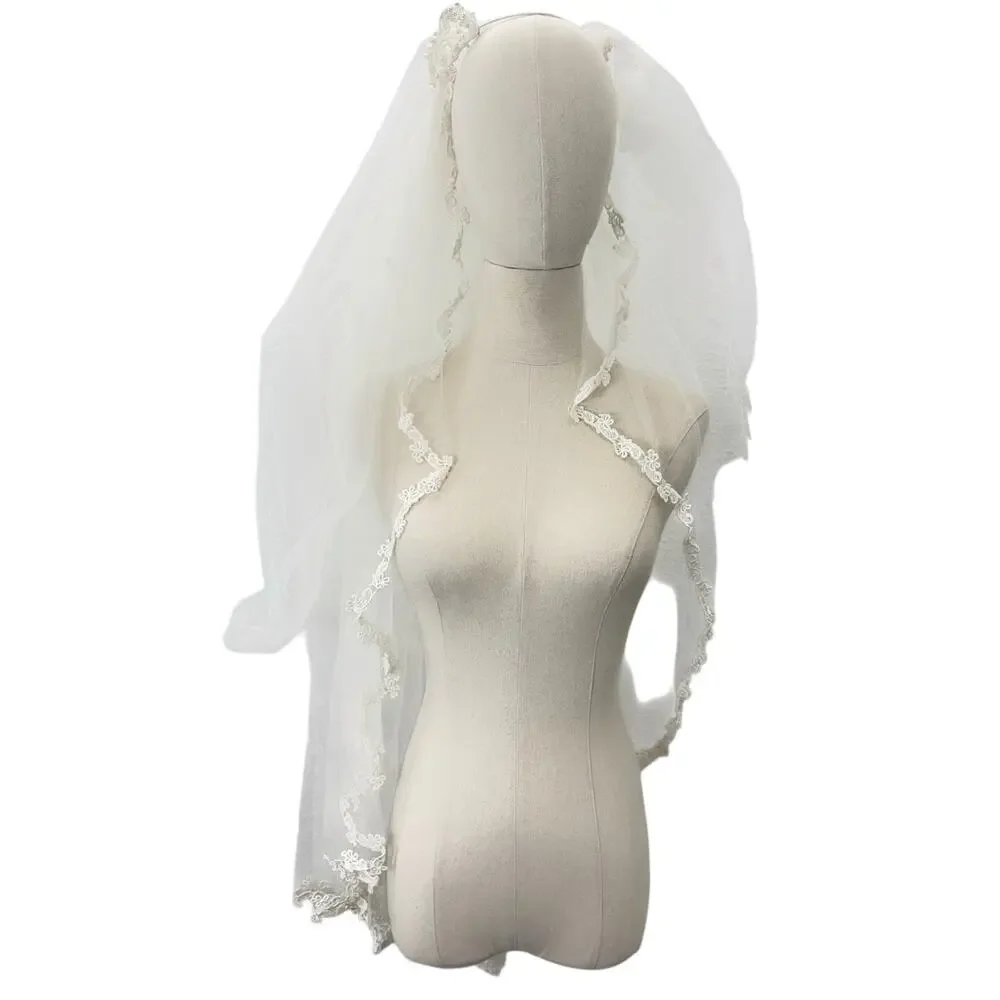 Vintage 70s Bridal Veil Pearl Lace Wedding Headpiece Double Layer